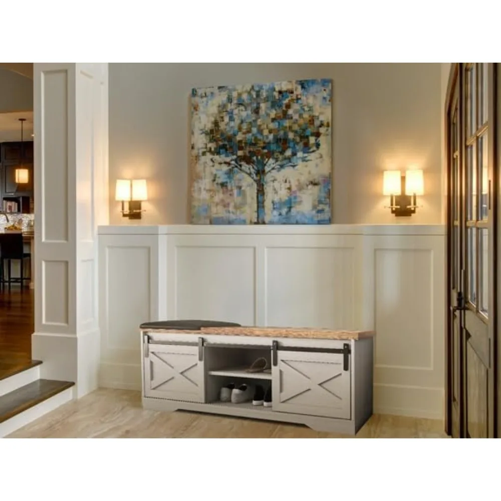 47 Inch Shoe Cabinet, Modern White Shoes Bench with Double Sliding Barn Door & Thickened, Shoe Cabinet 6