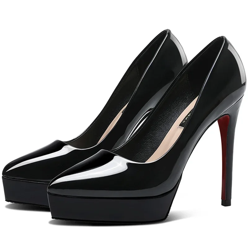 Frauen Pumpen Marke 10CM 12CM Dünne High Heels Schwarz PU Slip Auf Spitz Kleid Büro Karriere Party hochzeit Wasserdichte Dame schuhe – Detail 11