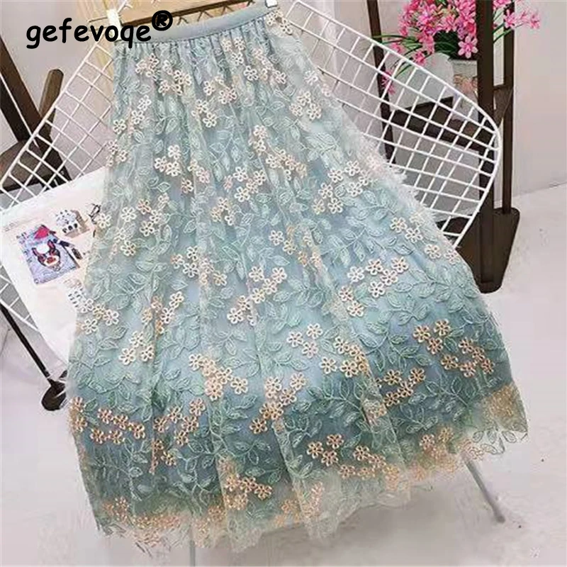 

Women Vintage Lace Mesh Embroidery Elegant Tulle Skirts Trendy High Waist Sweet Chic Fairy Pleated A-line Midi Skirt Falda Mujer