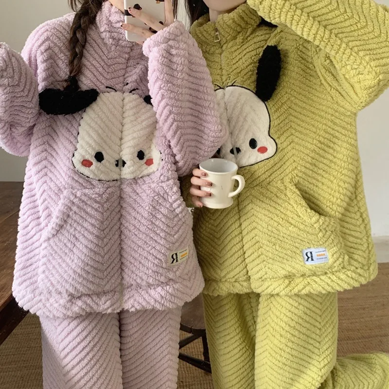 

Утолщенная теплая Пижама Sanrio Cinnamoroll Kuromi Pachacco, домашний комплект с подогревом, зимняя Домашняя одежда с длинным рукавом, аниме, одежда для сна, 2 шт.