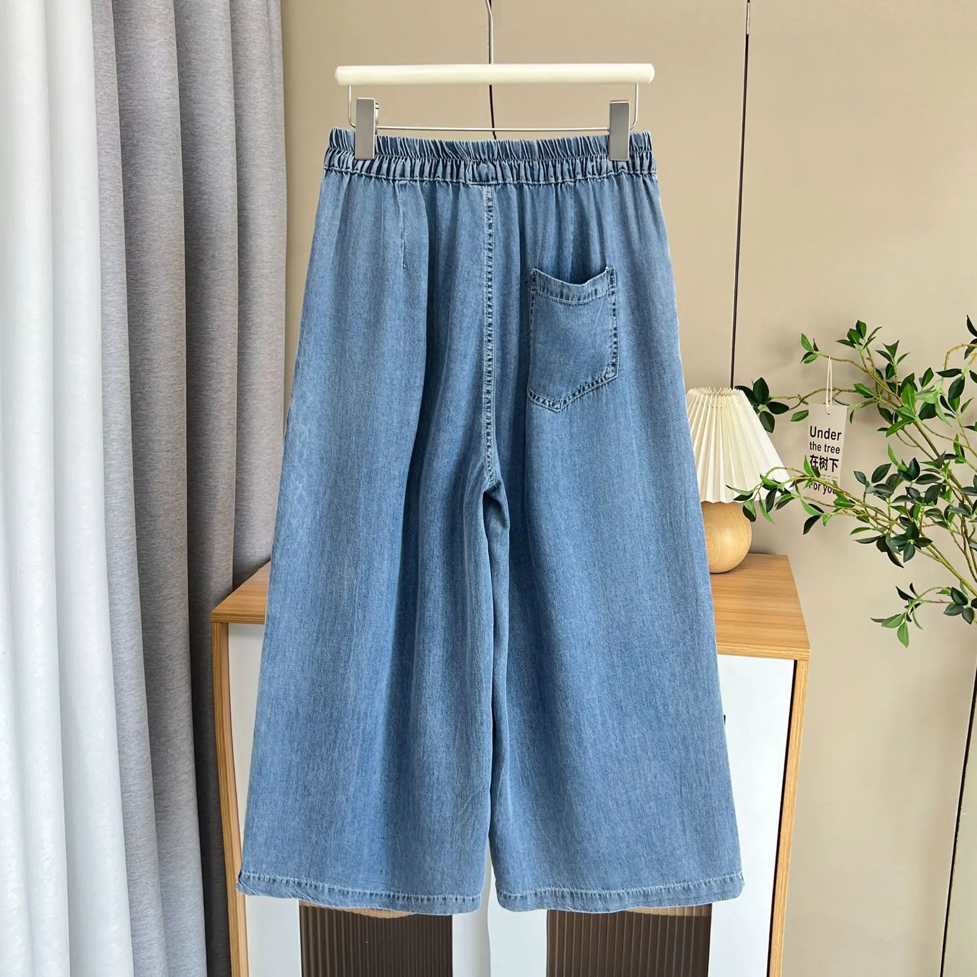 Summer New Minimalist Thin Wide Leg Jeans For Plus Size Women 100KG Casual Lyocell Denim Cropped Pants 8503