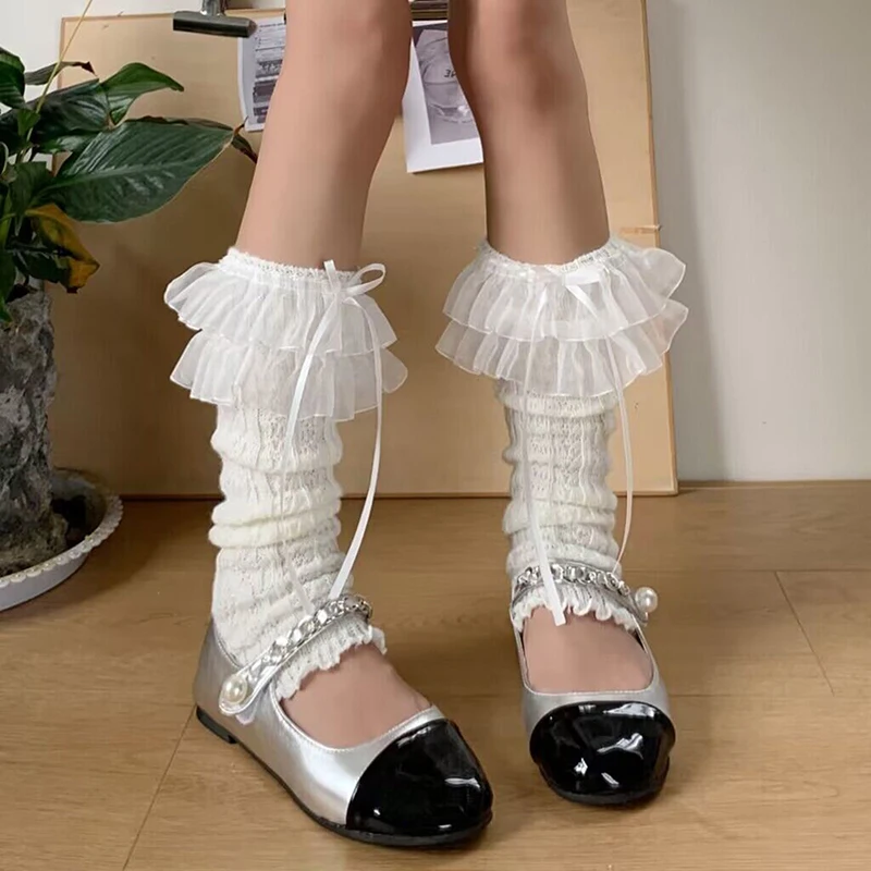 New Fashion Womens Below Knee Socks Lace Trim Bow Leg Warmers Knit Leg Sleeves For Travel Dating Party Hot Sale