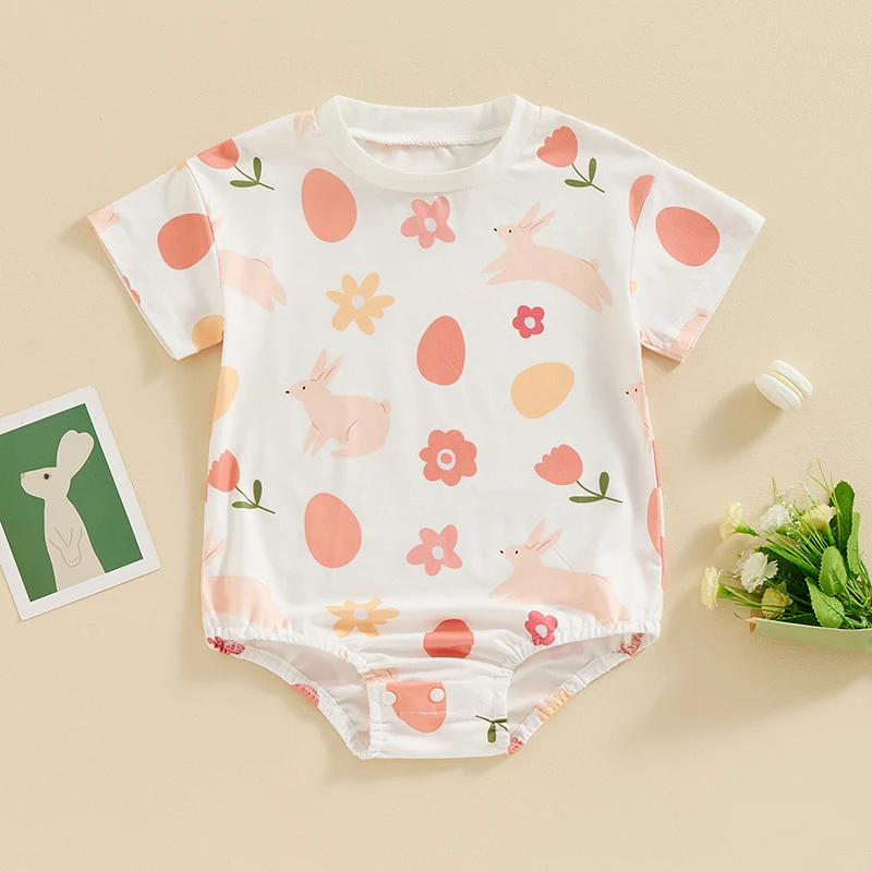 

BeQeuewll Baby Girls Easter Jumpsuit Summer Carrot Bunny Print Short Sleeve Romper for Toddler Cute Clothes For 0-18 Months