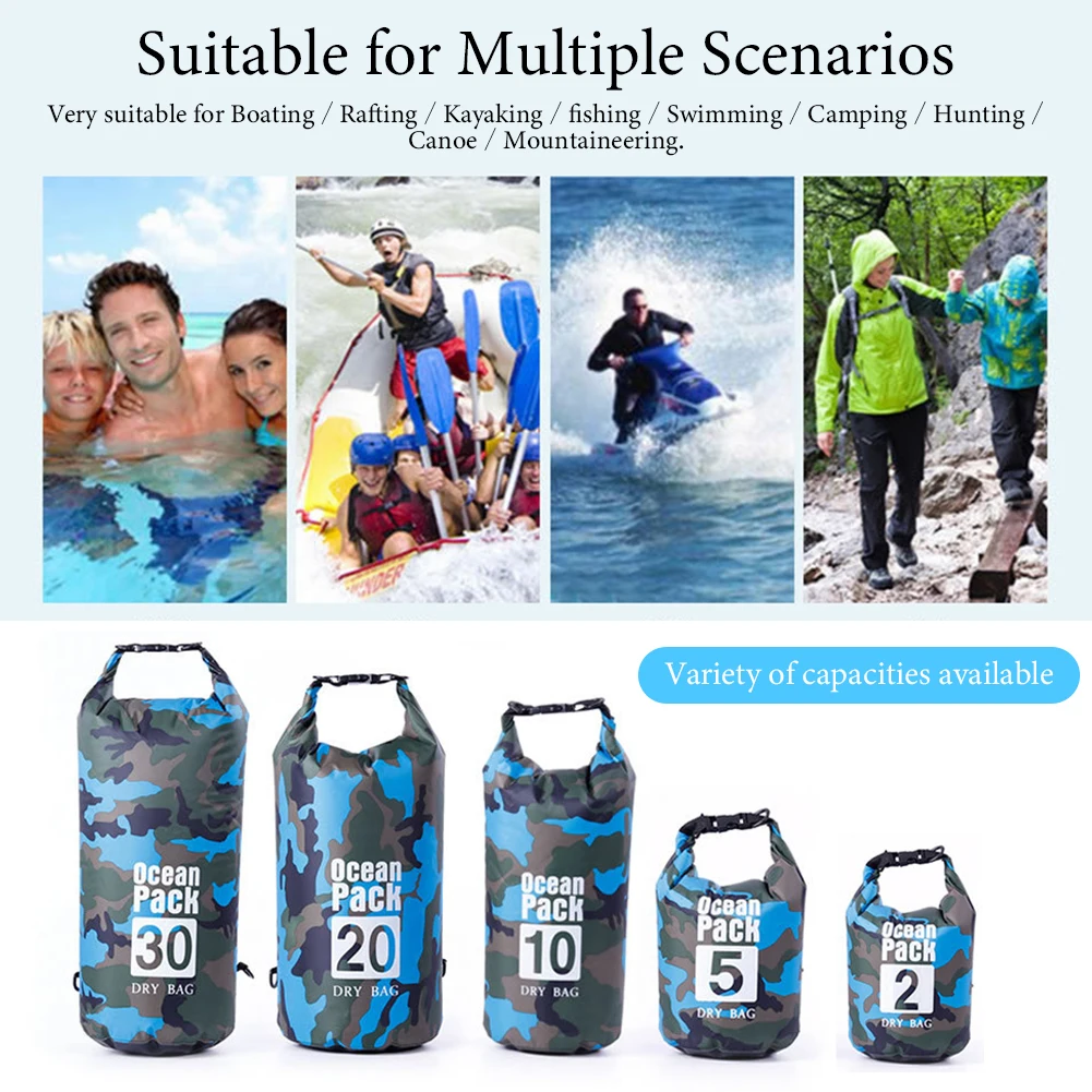 Waterproof Dry Bag 2/5/10/20/30L Diving Bag Waterproof Camouflage Swimming Bag Beach Rafting Outdoor Boating Kayaking Travel Storage