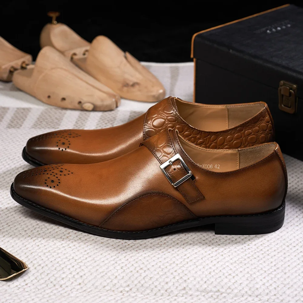 Luxury Men's Genuine Leather Monk Strap Shoes Cowhide Business Office Formal Dress Shoes with Buckle Italian Style for Weddings