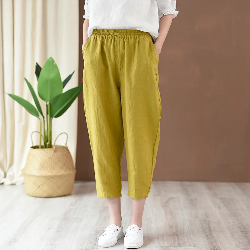 2022 New Style Loose Women Calf-length Pants Spring Summer Solid Cotton Linen Women Pants RV658 white capris