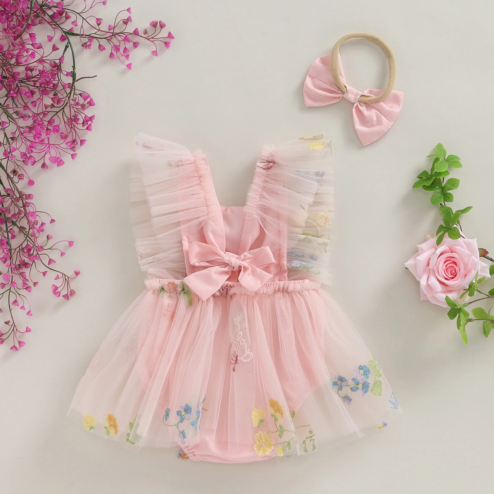 Summer Infant Baby Girl Outfits Ruffle Sleeveless Floral Embroidery Tulle Skirt Bodysuit Headband Clothes Set 3