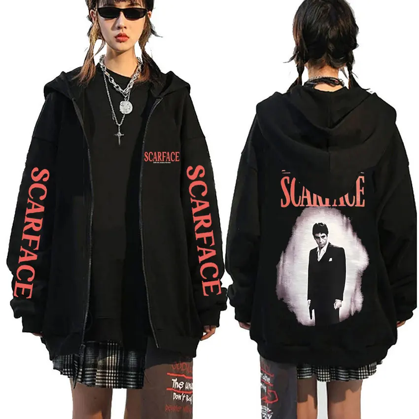 Vintage Movie Scarface Tony Montana Zipper Hoodie Al Pacino Men Women Fashion Oversized Zip Up Hoodies Male Casual Zip Up Jacket