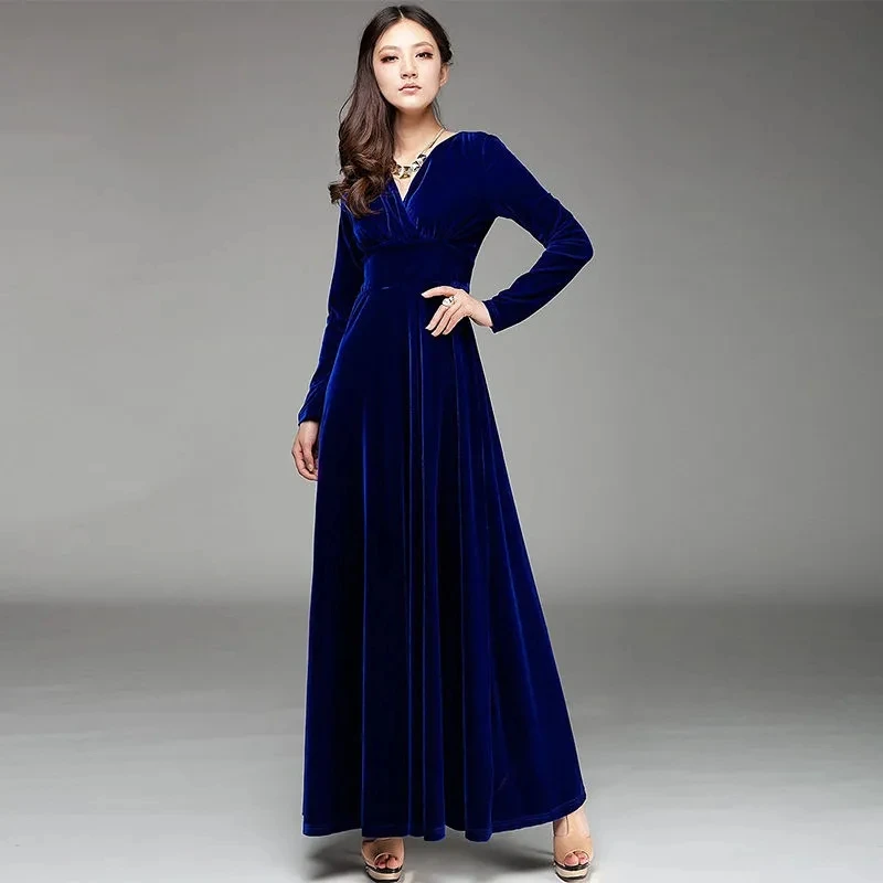 Solid V-Neck Dress 2025 New Spring Golden Velvet Dress Noble and Westernized Autumn Long Dress Velvet Mother Evening Dress Lady