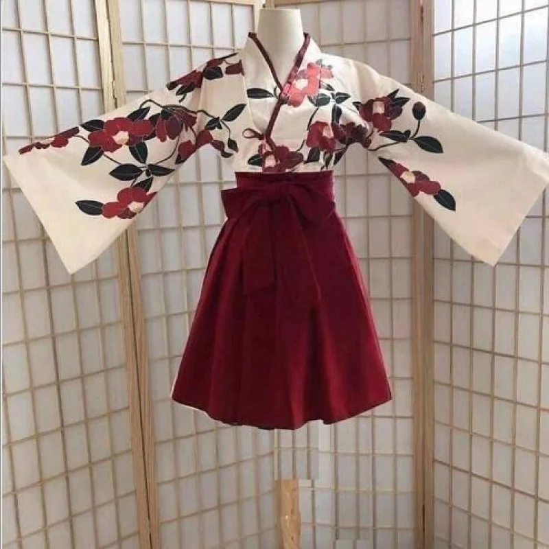

2Pcs Set Woman Kimono Japanese Style Floral Print Vintage Girl Oriental Hanbok Love Costume Haori Yukata Asian Wedding Dress