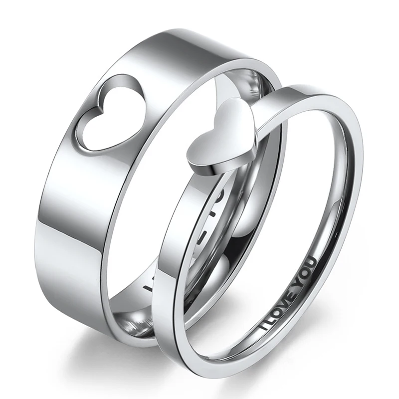 ANAZOZ Matching Couple Rings Set - Stainless Steel Heart Wedding Bands, 6mm, Free Engraving