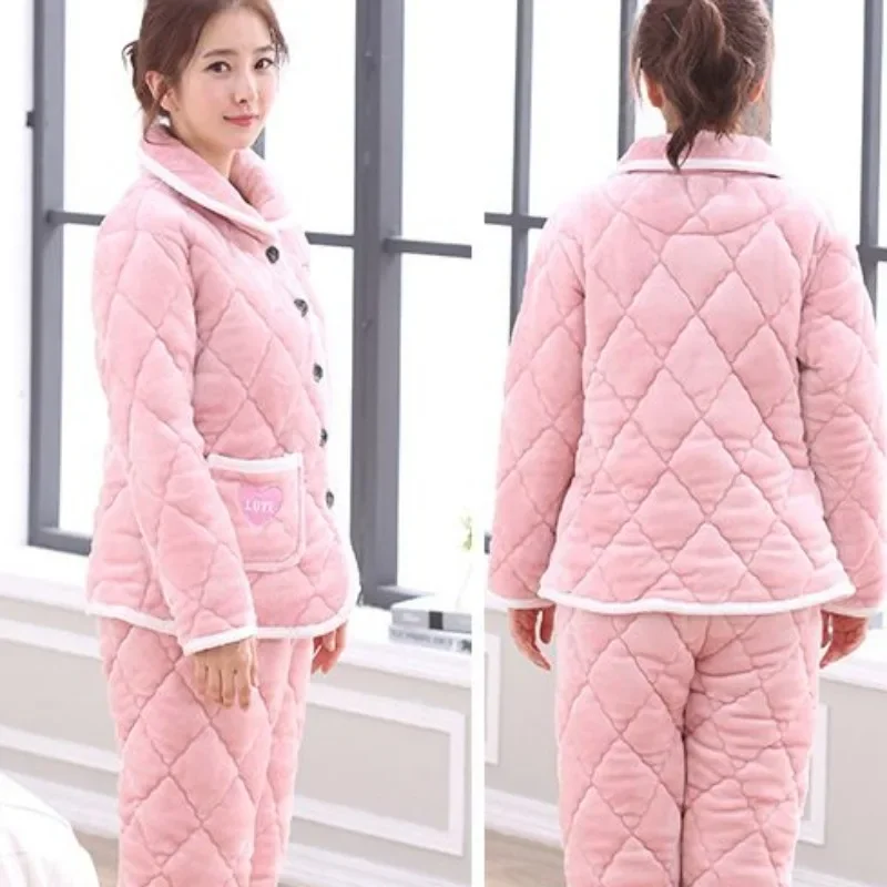 Women Winter Homewear Triple Thick Padded Cotton Sleep Clothes Flannel Loungewear Coral Fleece Famale Pajamas Warm Jacket Set