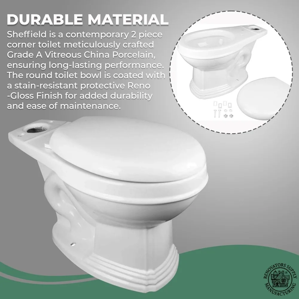 12" Corner Toilet, Dual Flush WaterSense, Slow Close Seat, White Round Bowl for Small Bathrooms