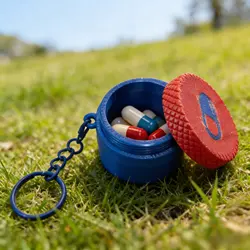Compact Color Block Pill Box with Key Ring - Portable Medicine Container (Red - Blue Round)