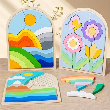 Wooden Rainbow Blocks Puzzle Rainbow Irregular Puzzles Shape And Color Cognitive Toys Early Educational Puzzle Toys 1