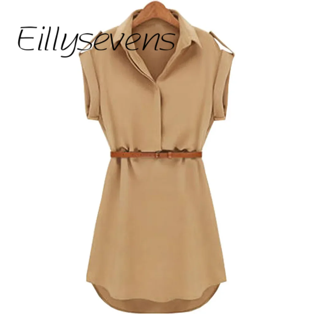 

Женское платье с поясом, повседневное однотонное платье с отложным воротником и коротким рукавом, свободное благородное платье с поясом, лето 2024