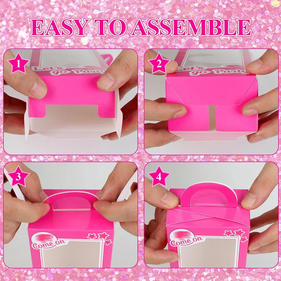 12PCS Hot Pink Doll Party Favor Boxes with Handles, Cute Gift Boxes for Candy, Cookies,... - SKU PFB01009 - UGI Packaging