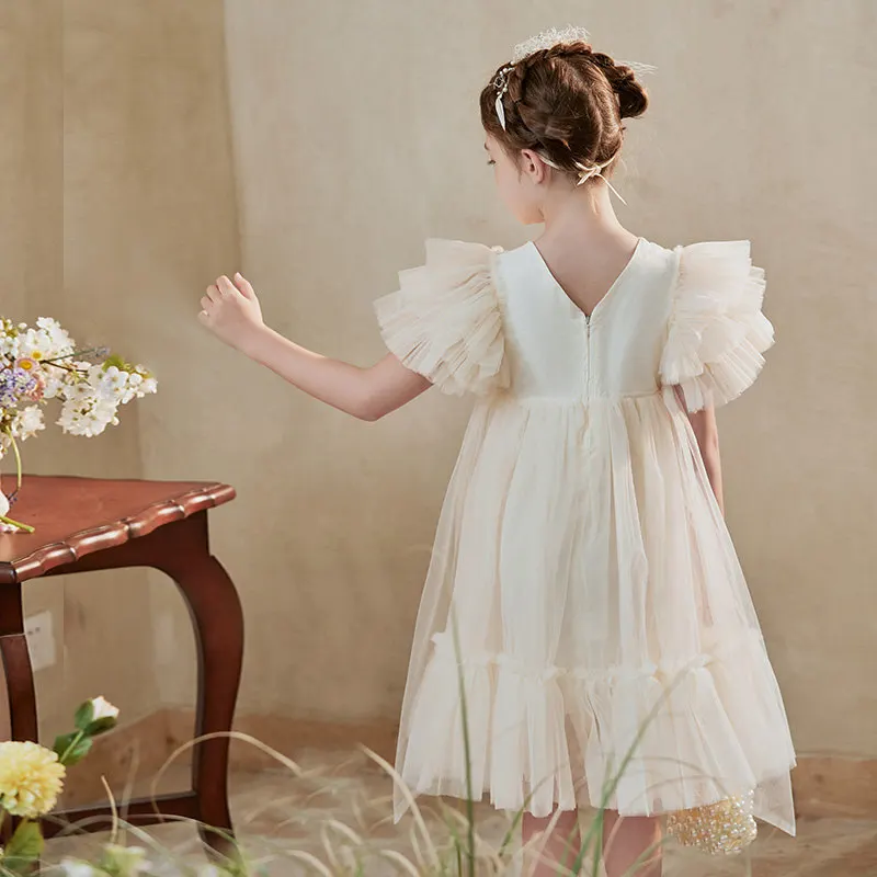 Summer Hot Sale Girls Champagne White Wedding Party Dresses Fashion Mesh Ruffle Sleeve Costume for Baby 4 5 7 9 11Years Old