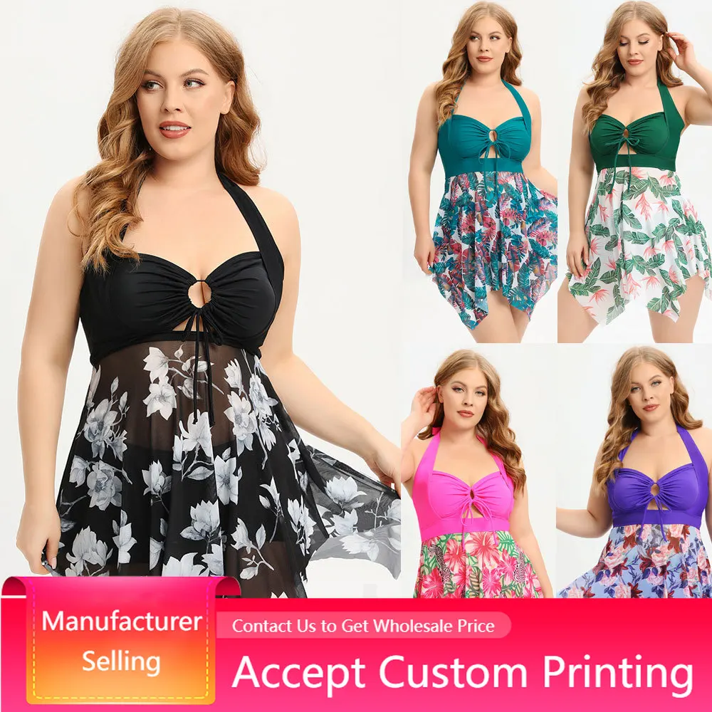 

Bathing Suits Two Piece Set Women Push Up Swimwear Quick-drying Sexy Pleated Floral Print Skirt Split Ladies Bikini Swimsuit