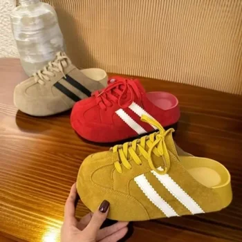 Women's Retro Suede Striped Mule Sneakers, Slip-on Casual Shoes, Comfortable Thick Sole Footwear for Street Style 1