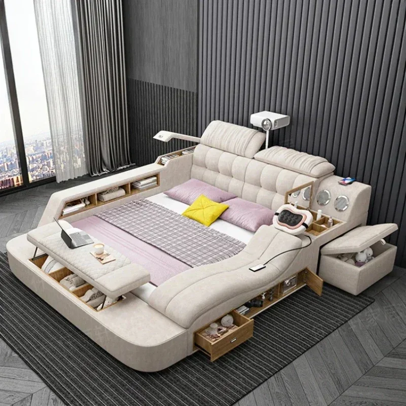 

Скандинавская умная дизайнерская двуспальная кровать, роскошная белая модульная кровать, многофункциональная кожаная кровать, мебель для дома