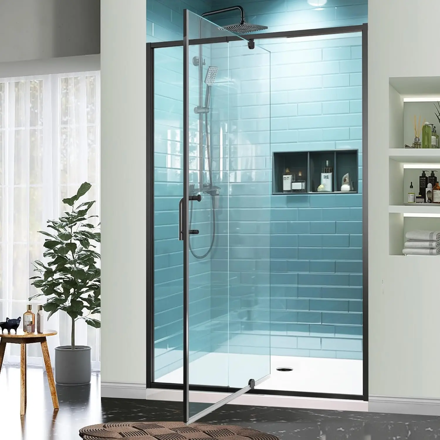 44-48" W x 71" H Piovt Swing Glass Shower Door,Pivot Semi-Frameless Glass Shower Door Matte Black Finish Shower Doors 2