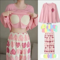 2PCS/Set Women Big Size with Chest Pads Pajamas Spring Autumn and Winter Long-Sleeved Headset Loose Homewear Can Be Worn Outside - Image 2