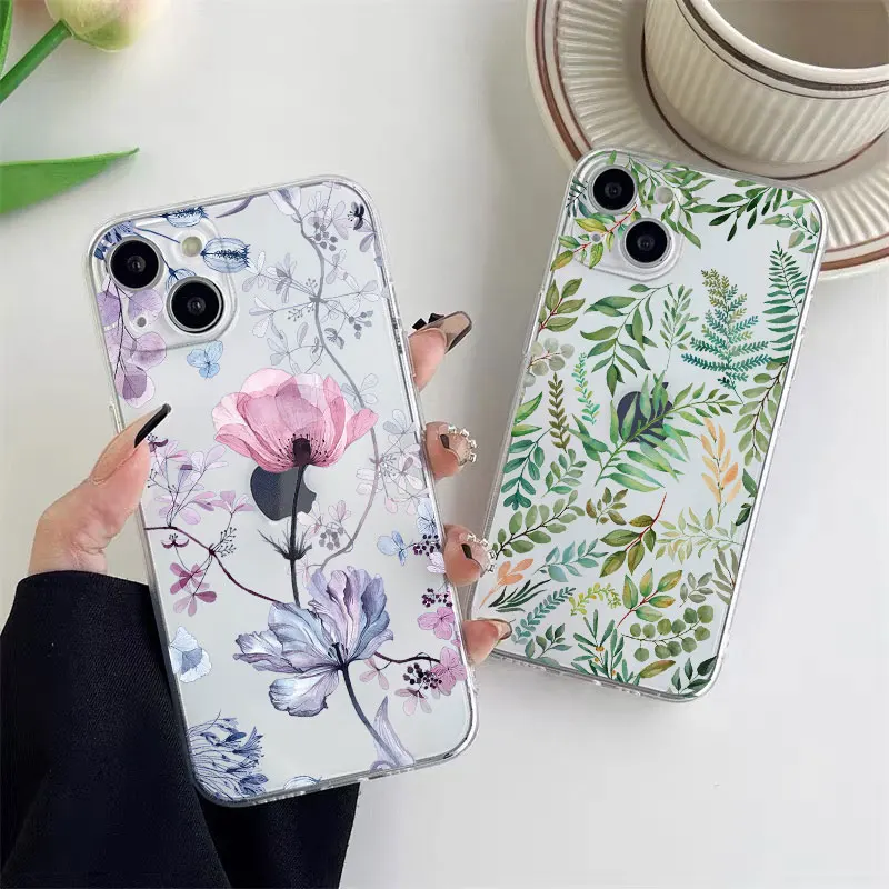 Floral Palm Leaf Painted Soft Silicone Phone Case - Ultra Clear and Durable Design