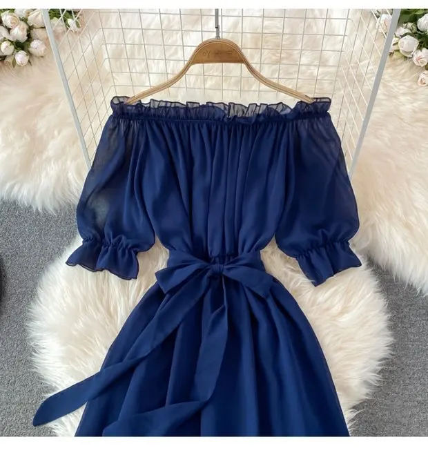 Beach Dress Women Sexy Off The Shoulder Slash Beach Chiffon Dresses Ladies Elegant A Line Bandage Party Dress Long Robe