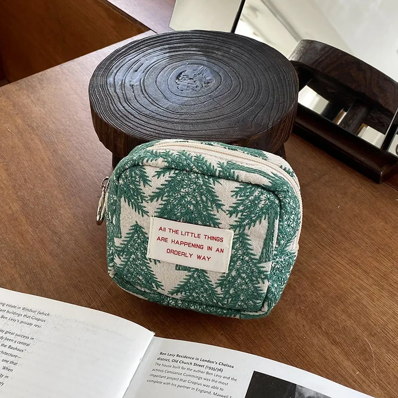 

Сумка для ключей с зеленым деревом, кошелек на молнии, Женская хлопковая Холщовая Сумка для макияжа, мини-кошелек, косметички, сумка для макияжа
