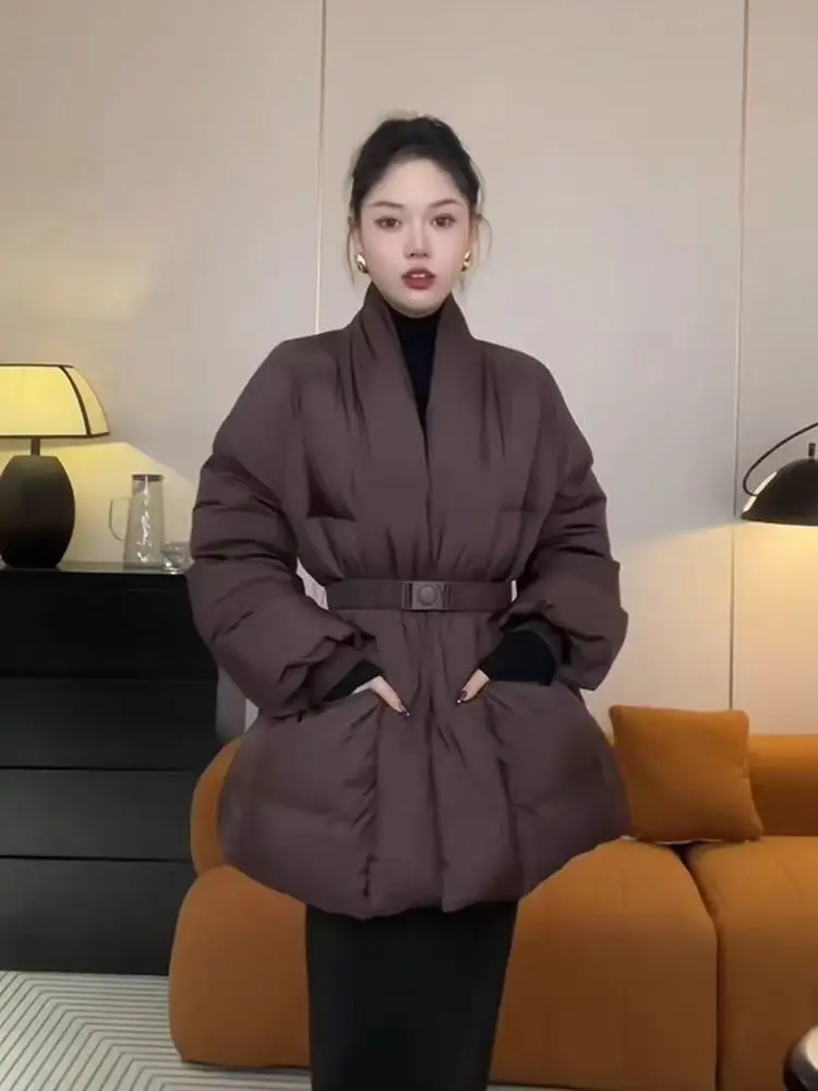 Women Winter V Neck Down Cotton Jacket 2025 New Women Warm Thicken Cotton Coat Korean Belt Waist Winter Outwear Women Parka Coat