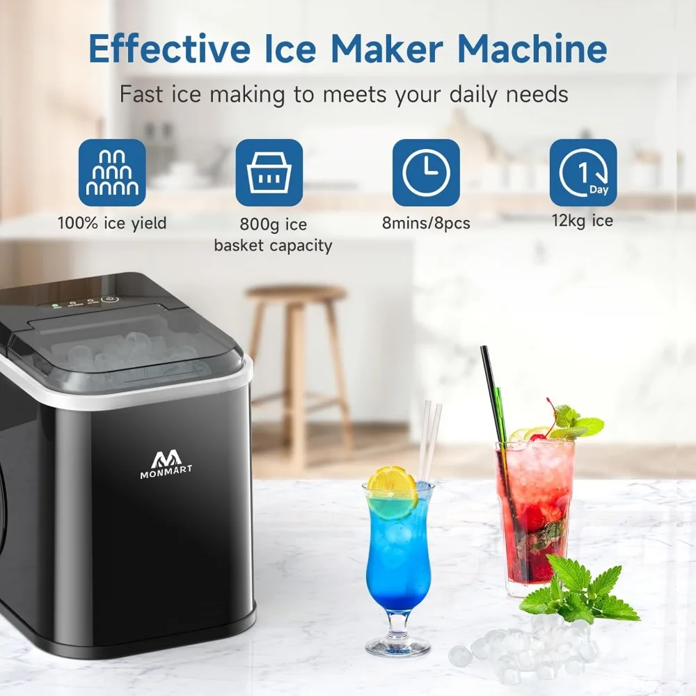 Ice Maker Countertop, LED Display Portable Ice Maker Machine with Handle, 26.5lbs/24Hrs,8 Cubes in 6 Mins,fr Home Kitchen,Office 2