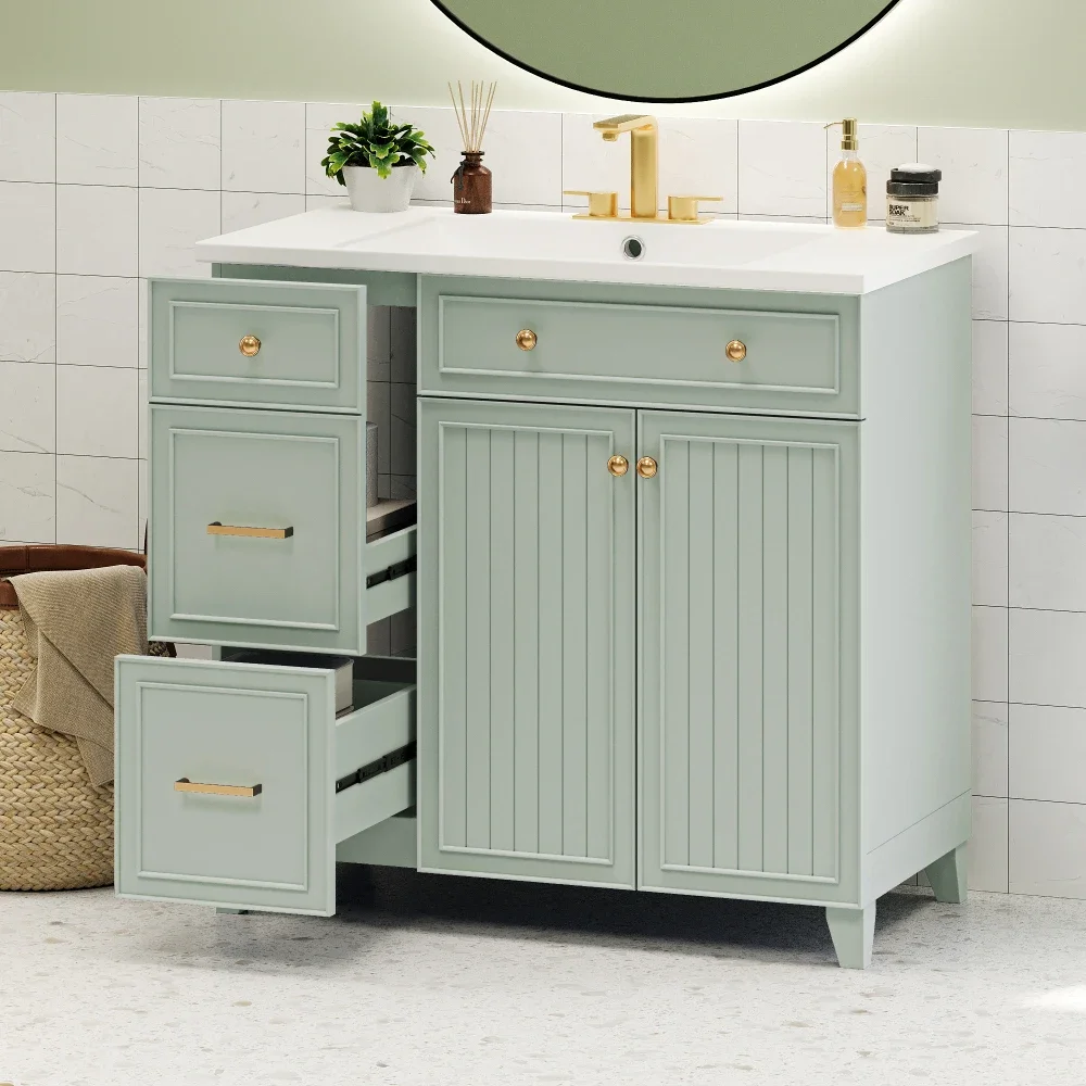 36-inch Bathroom Vanity, Transitional Style Bathroom Cabinet with Resin Sink, Navy Blue Single Bathroom Cabinet, with 2 Drawers 6