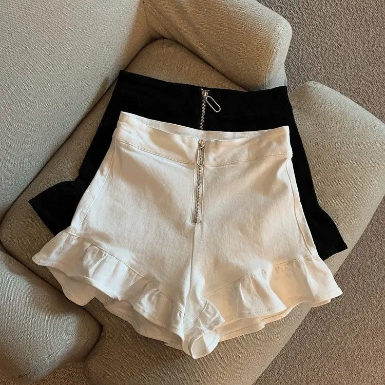 calções femininos elegante cintura alta babados zíper voar branco sólido verão coreano estilo de moda streatwear casual design básico macio