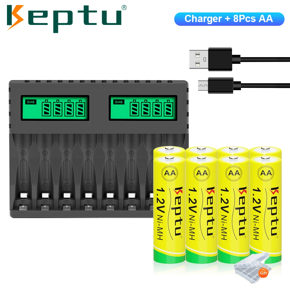 

KEPTU AA Rechargeable Ni-MH Battery NiMH 1.2V 2200mAh AA Pre-charged Batteries low self discharge Batteries +LCD Charger