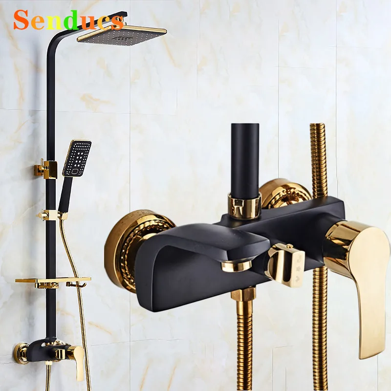 สีดําทองห้องน้ําชุดฝักบัวทองเหลืองร้อนเย็นห้องน้ําระบบก๊อกน้ําอุปกรณ์เสริมสแควร์หัวฝักบัว 1