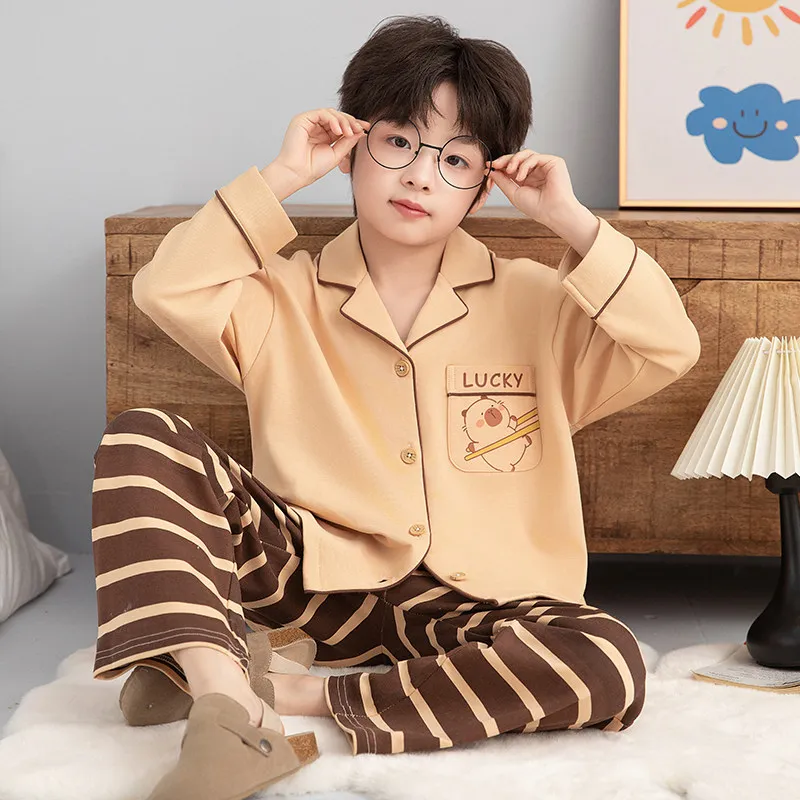 아동용 봄 가을 긴팔 카라 오픈 가디건 잠옷 세트 남아용 편안한 면 폴리에스터 홈웨어
