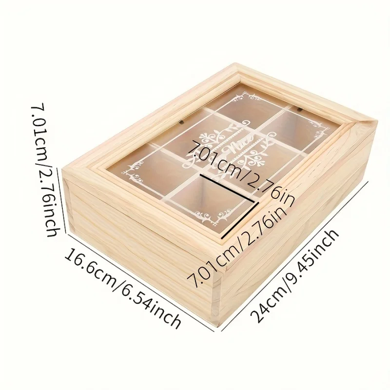 Scatola portaoggetti a sei scomparti in legno massello, organizer da scrivania rettangolare multi-comparto - immagine 5