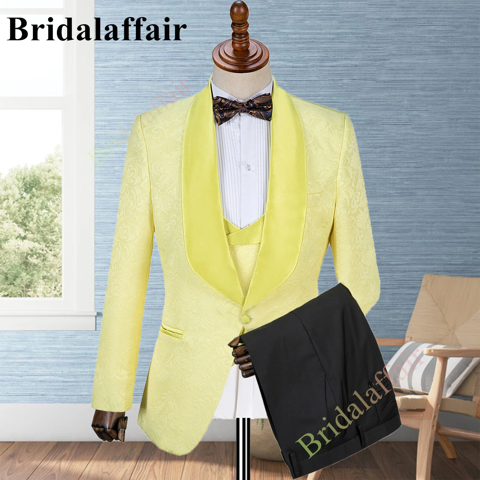

Bridalaffair, мужские бриллиантовые желтые костюмы, облегающий элегантный жаккардовый свадебный смокинг, костюм для мужчин, 3 шт., блейзер, пальто, жилет, брюки