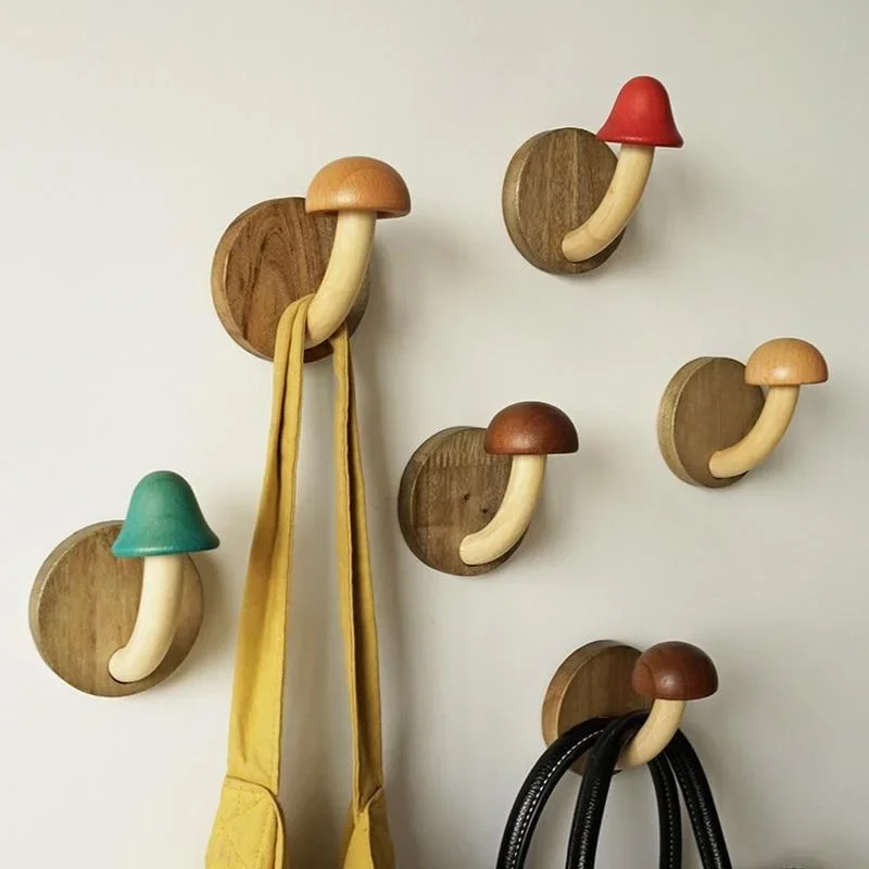 

New Creative Wooden Mushroom Clothes and Caps Hook Bathroom Self Adhesive Wall Hanger Organize Storage Hook