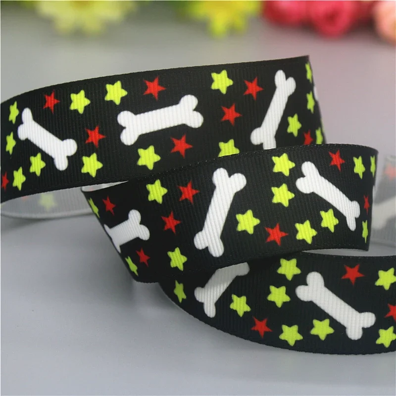 DUWES 50yards Dog Cute Bone Chihuahua Printed Grosgrain Ribbon Accessories Headwear Decoration Collar DIY Sewing Craft D2587