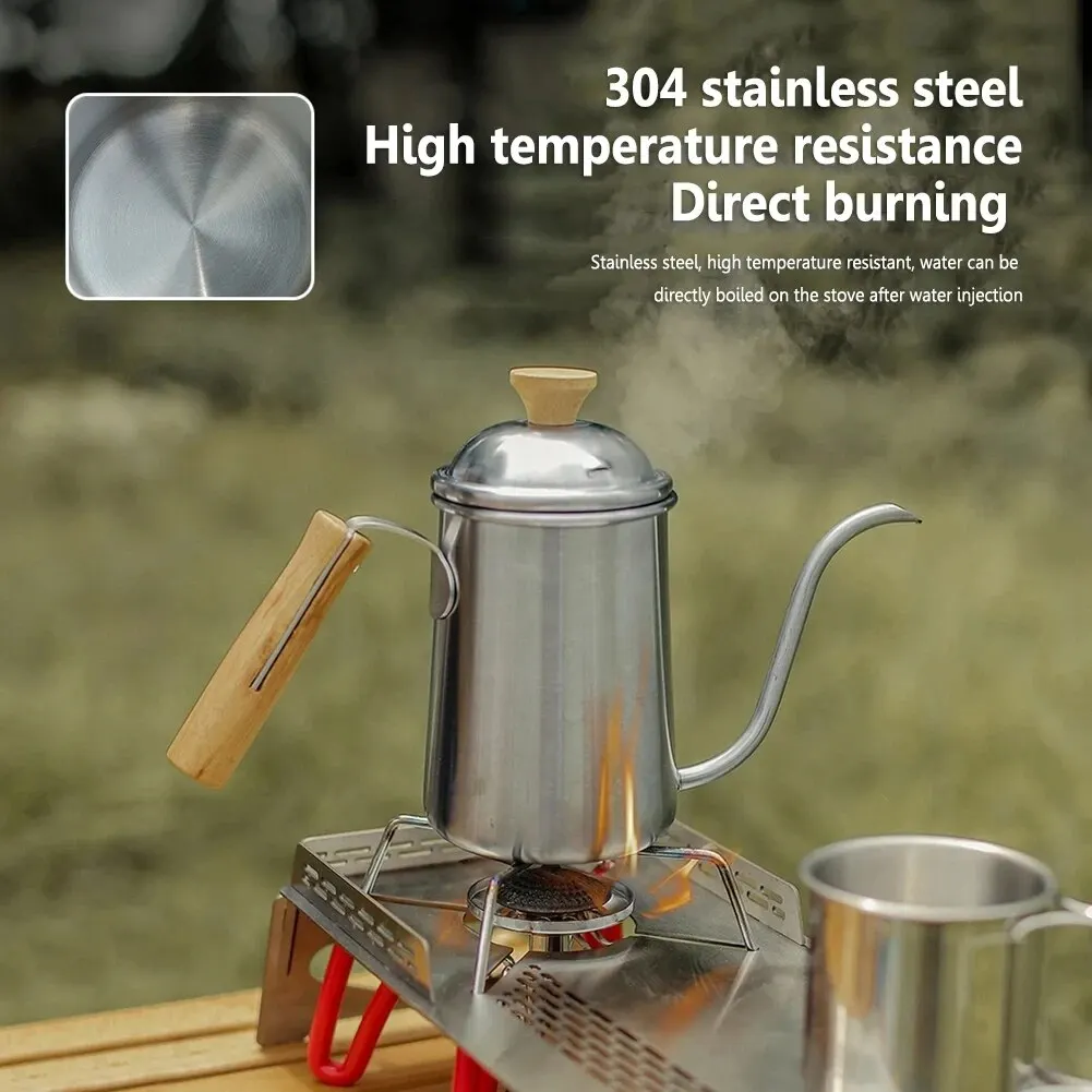 Description Picture 2 of itemOutdoor Coffee Pot Stainless Tea Kettle Camping Tableware Wooden Handle 650ml Coffee Kettle Tea Pot Filter Cup Bean Grinder
