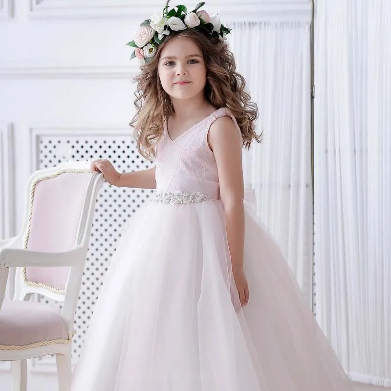 Pink Princess Dress Puffy Flower Girl Abiti A-Line Comunion Abiti Flower Girl Dresses For Wedding Robe Ceremonie Fille