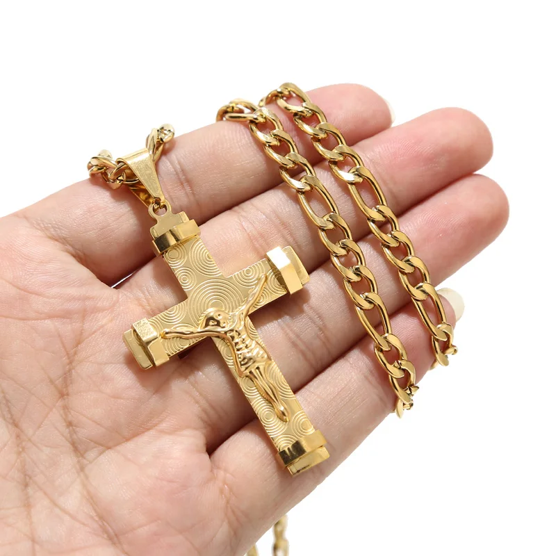 

New Arrival Gold Plated Stainless Steel 36*57mm Charm Cross Necklaces Saint Catholic Benedict Crucifix San Jesus Necklace 24''