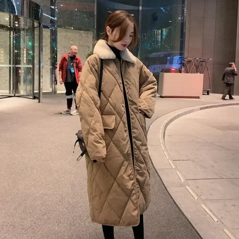 Korean Long Jacket for Women Plaid Women's Jacket Women's Down Jacket Loose Feather Coats Casual Winter Down Coats Thick Coats