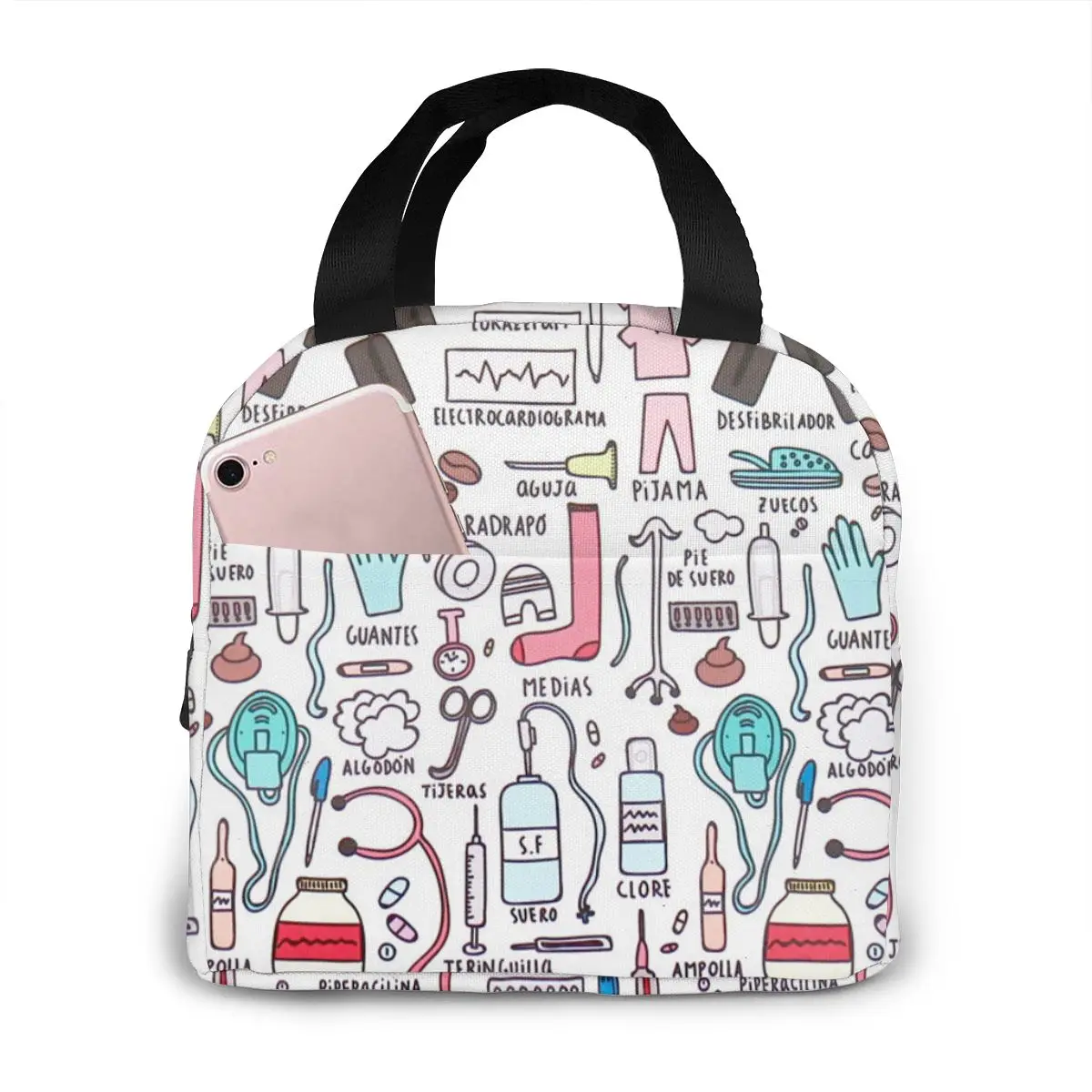 Travel Nurse Bag Insulated Lunch Bags Women Cartoon Nurse Print Food Case Cooler Warm Bento Box for Kids Lunch Box Picnic Bag