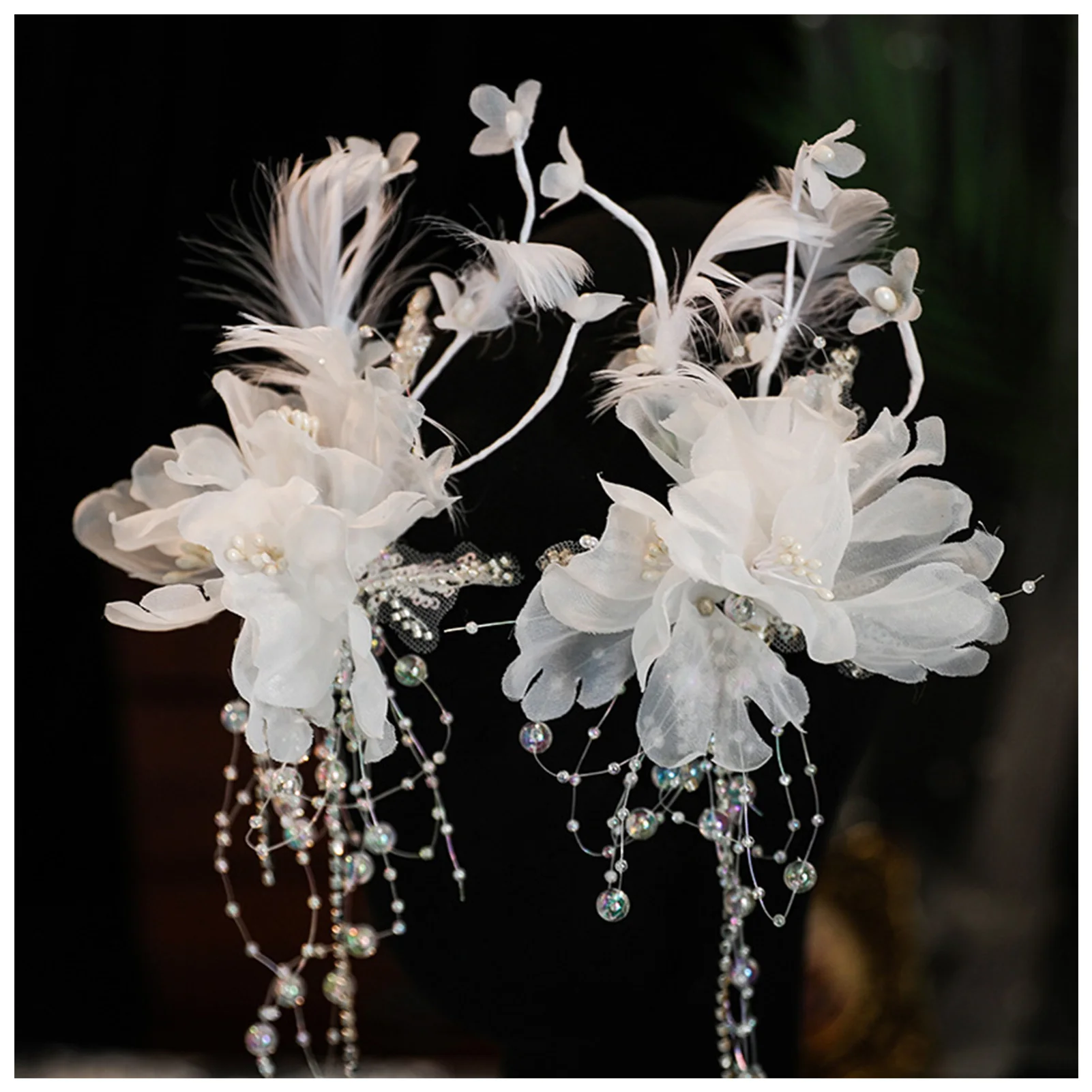 

Feather Flower Bridal Hairclip Headdress Sweet Feather Hair Clips with Shiny Pearl Tassel for Gown Wedding Banquet
