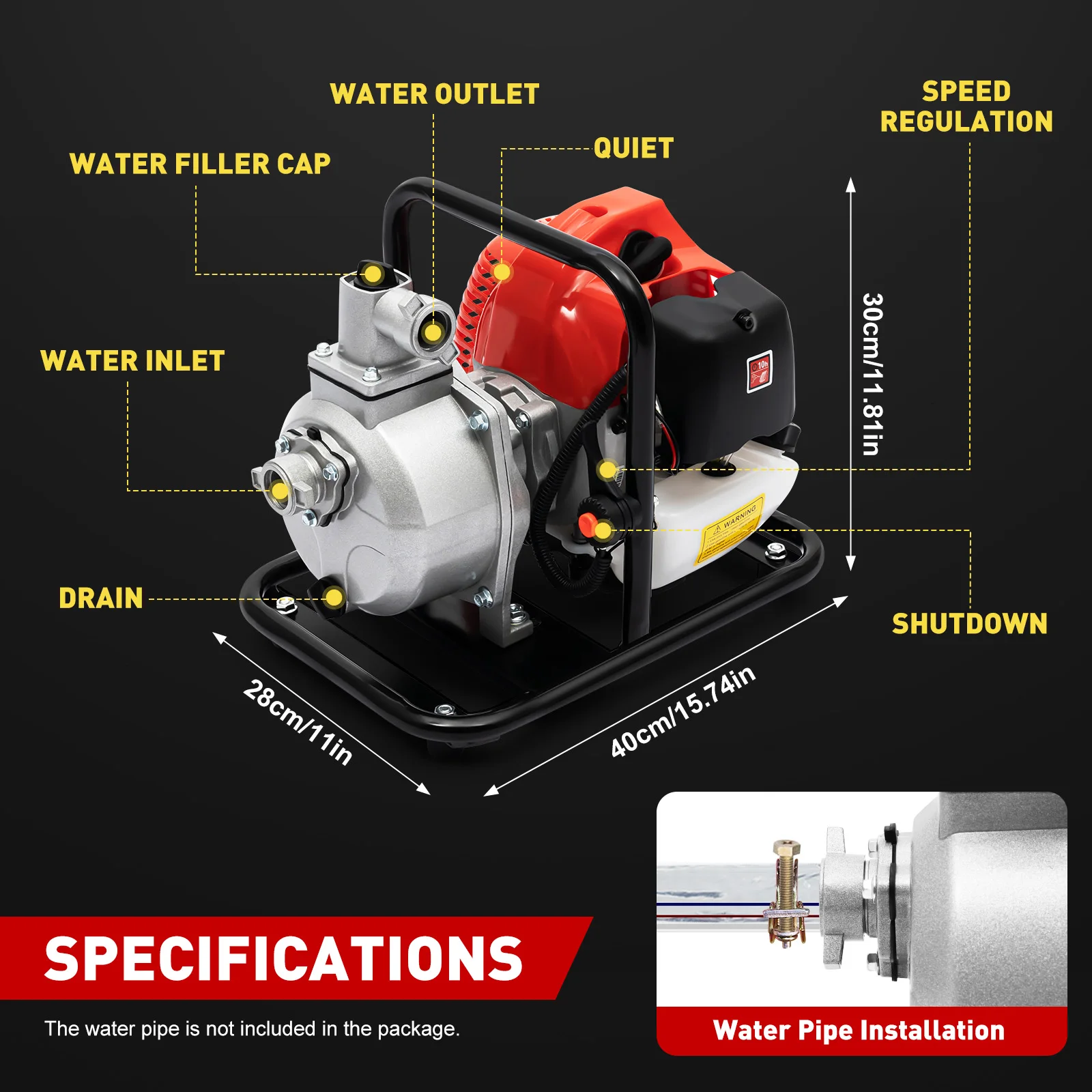 43CC 2-Stroke Gasoline High-Pressure Water Pump  1.7HP, 1 Inch Port  - Portable Irrigation Pump Gardens Pools Landscaping Agricultural Water Transfer