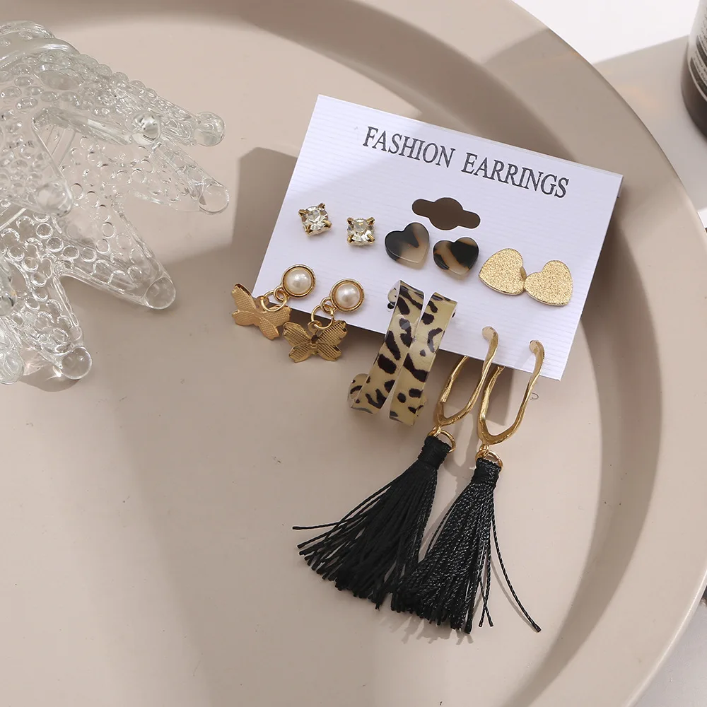 

Korean Earrings New Elegant Simple Earrings Creative Personality Tassel Leopard Print Butterfly Studs Earrings 6-Piece Set