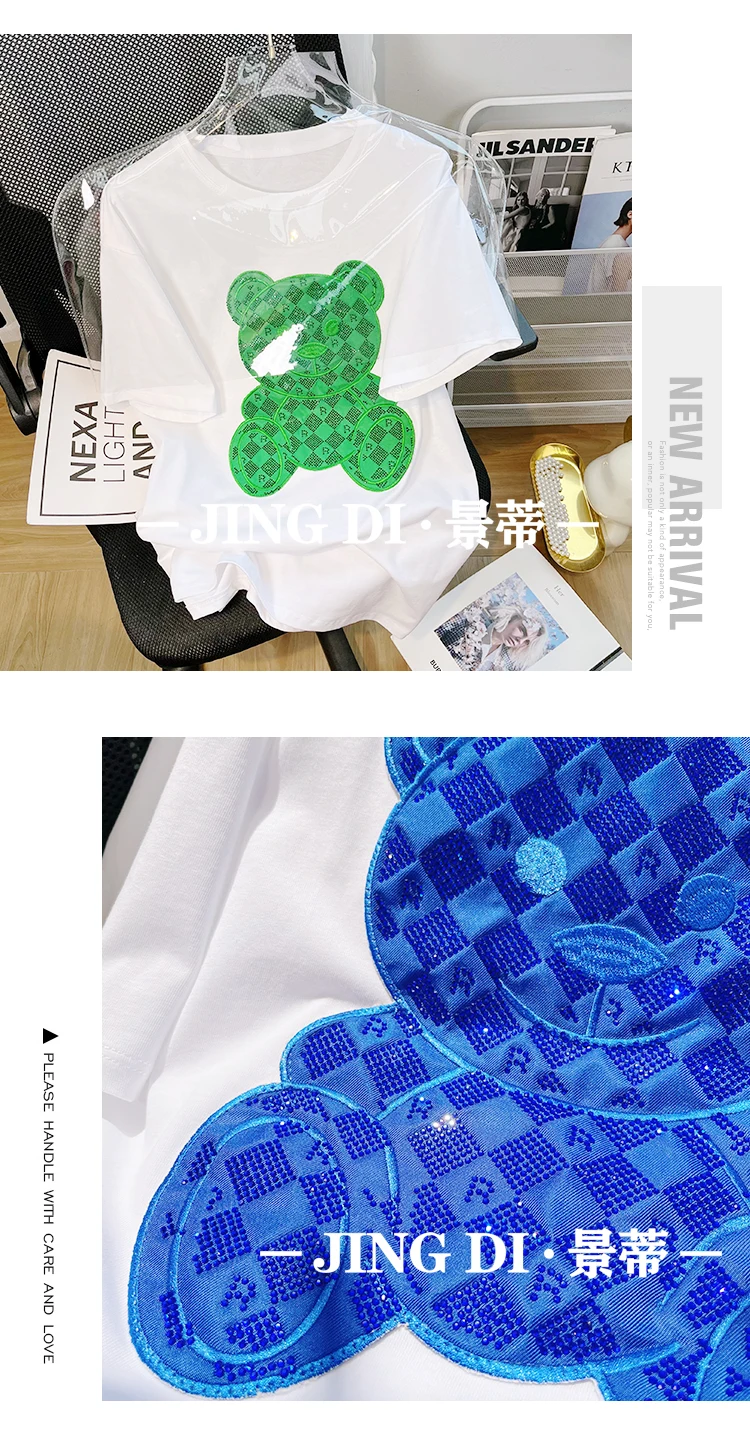 Em promoção! Nova Versão Coreana De Comprimento Médio Contraste De Cor De  Toalha De Bordado Manga Curta T-shirt Das Mulheres Desenho Animado Do Urso Kawaii  Roupas